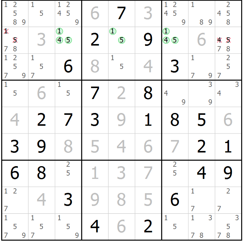 Position des candidats pour la solution de la Gr 61 page 64 du magazine de sudoku Platina n° 038