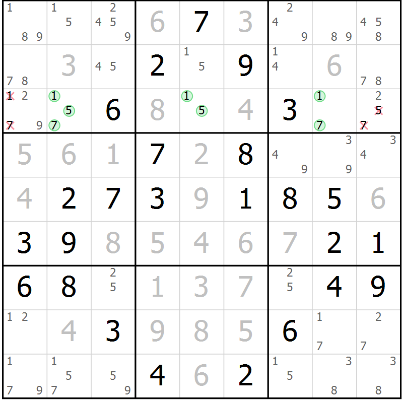 Position des candidats pour la solution de la Gr 61 page 64 du magazine de sudoku Platina n° 038
