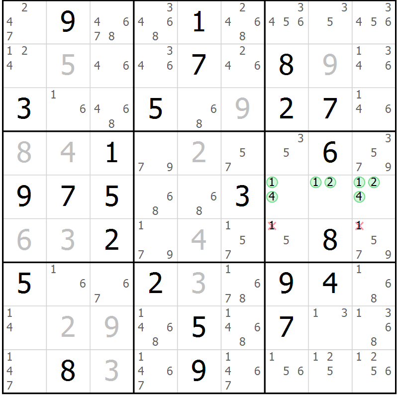 Position des candidats pour la solution de la Gr 63 page 66 du magazine de sudoku Platina n° 038