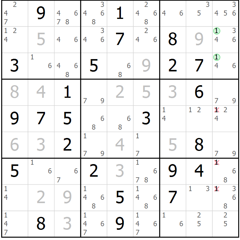 Position des candidats pour la solution de la Gr 63 page 66 du magazine de sudoku Platina n° 038