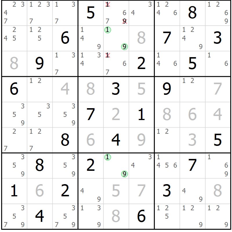 Position des candidats pour la solution de la Gr 64 page 67 du magazine de sudoku Platina n° 038