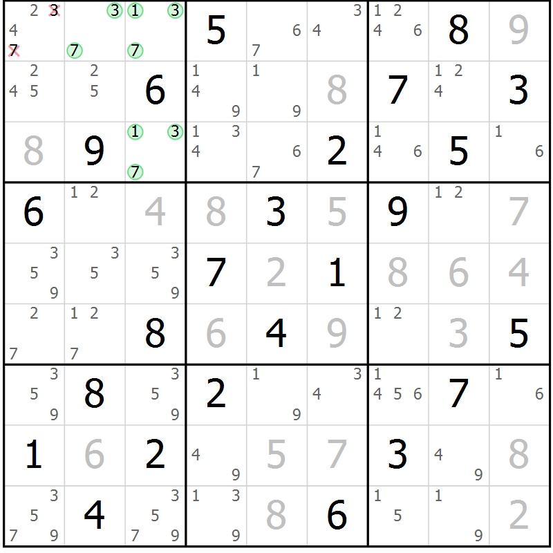 Position des candidats pour la solution de la Gr 64 page 67 du magazine de sudoku Platina n° 038