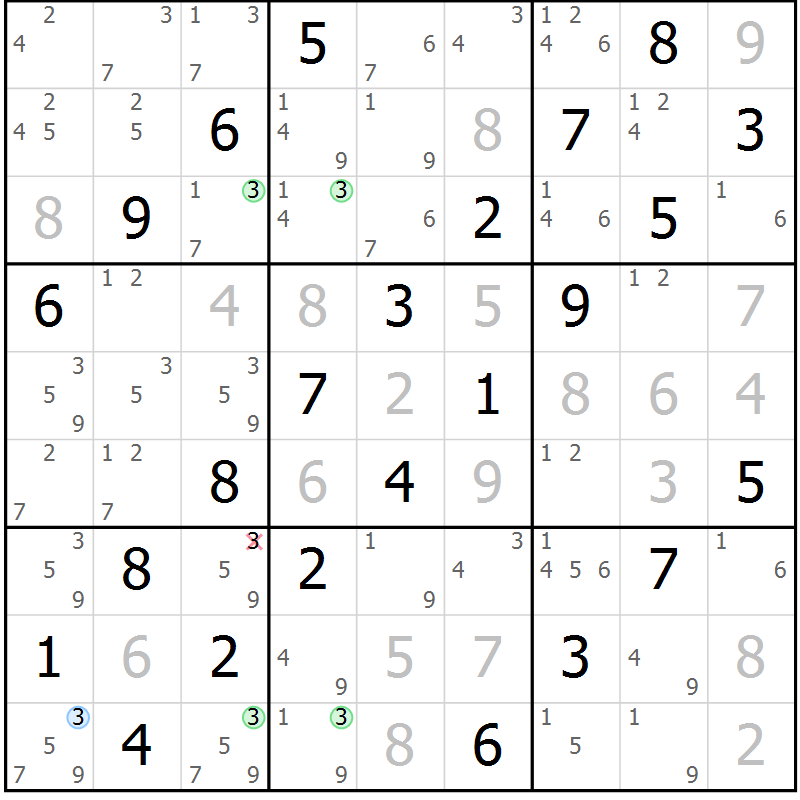 Position des candidats pour la solution de la Gr 64 page 67 du magazine de sudoku Platina n° 038