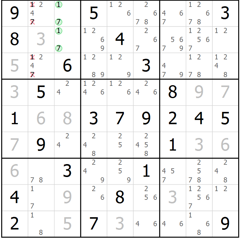 Position des candidats pour la solution de la Gr 65 page 68 du magazine de sudoku Platina n° 038