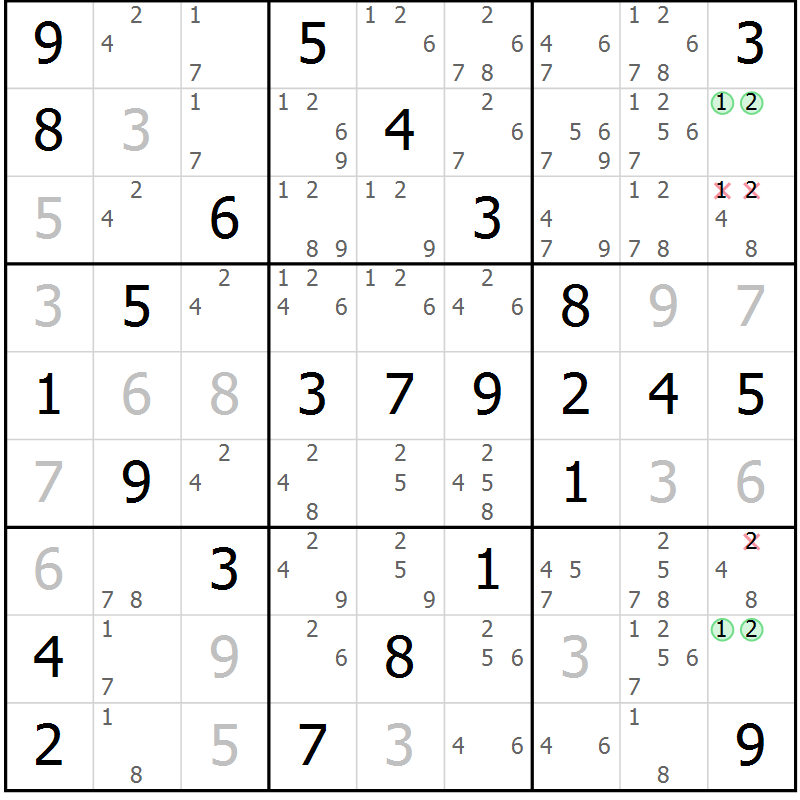 Position des candidats pour la solution de la Gr 65 page 68 du magazine de sudoku Platina n° 038