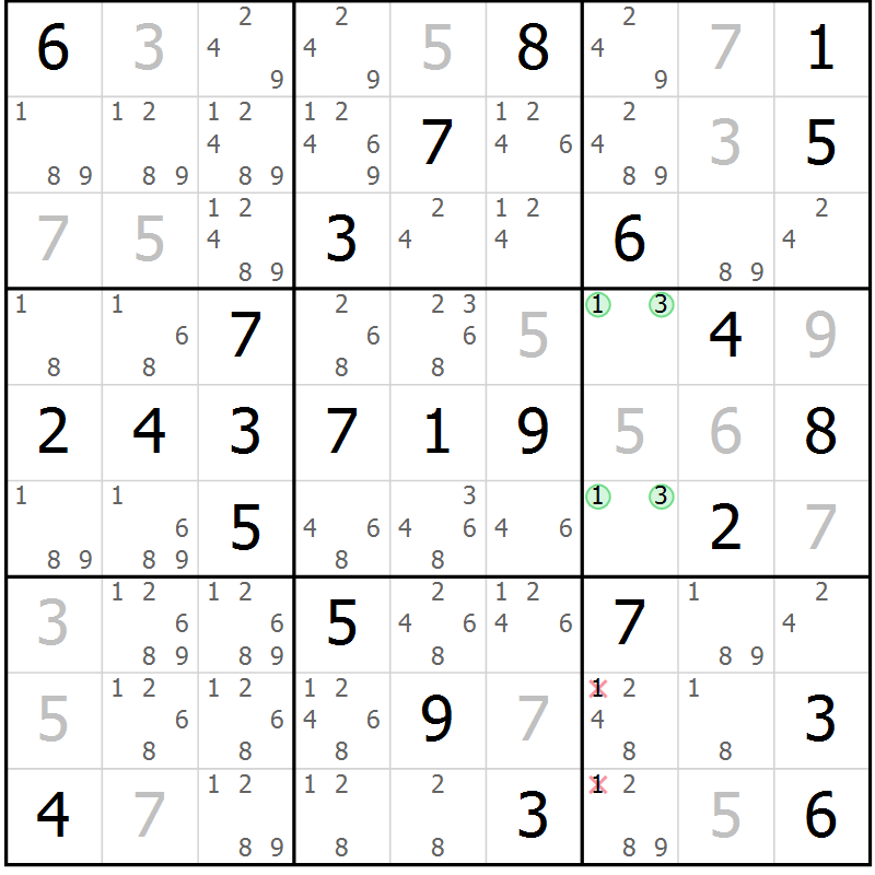 Position des candidats pour la solution de la Gr 68 page 71 du magazine de sudoku Platina n° 038