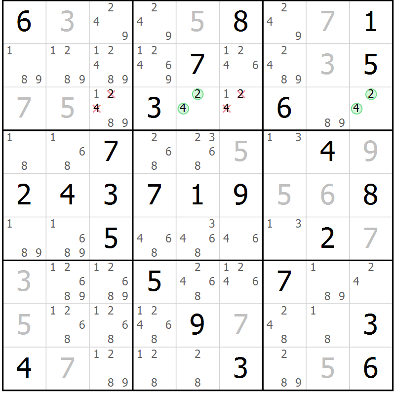Position des candidats pour la solution de la Gr 68 page 71 du magazine de sudoku Platina n° 038
