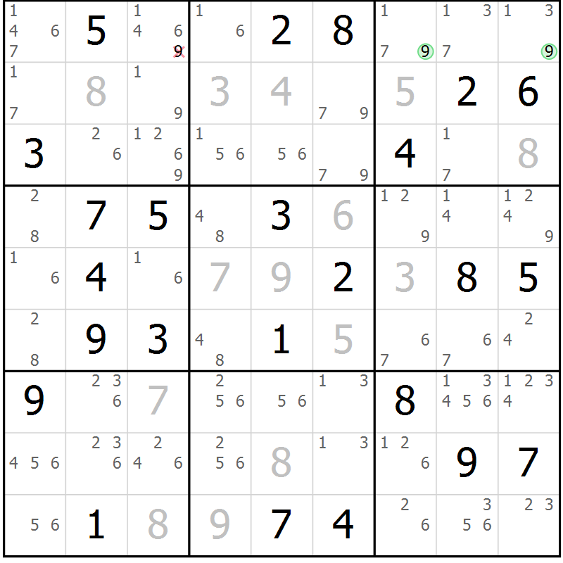Position des candidats pour la solution de la Gr 69 page 72 du magazine de sudoku Platina n° 038