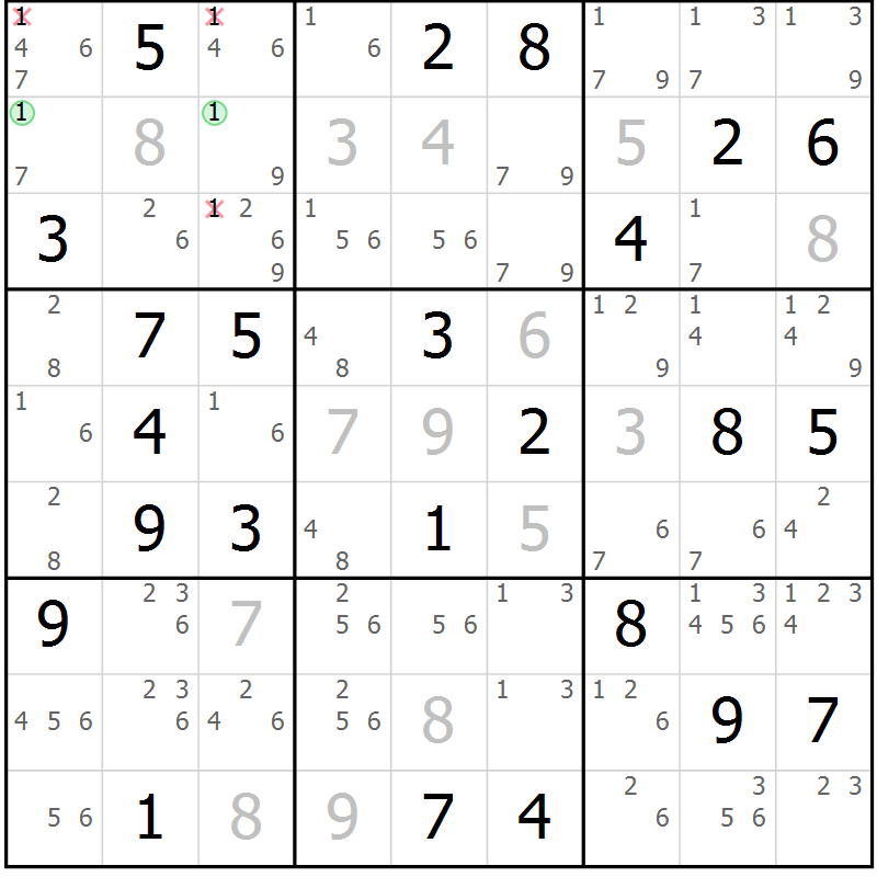 Position des candidats pour la solution de la Gr 69 page 72 du magazine de sudoku Platina n° 038