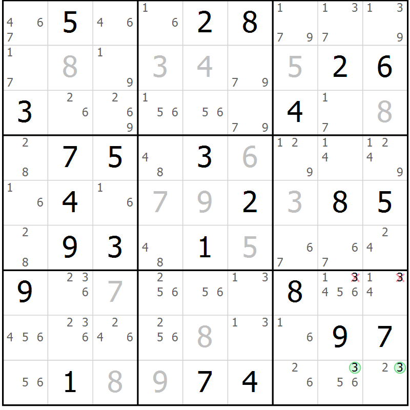 Position des candidats pour la solution de la Gr 69 page 72 du magazine de sudoku Platina n° 038