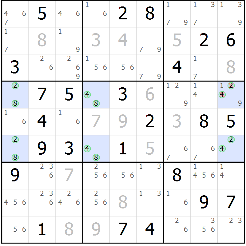 Position des candidats pour la solution de la Gr 69 page 72 du magazine de sudoku Platina n° 038