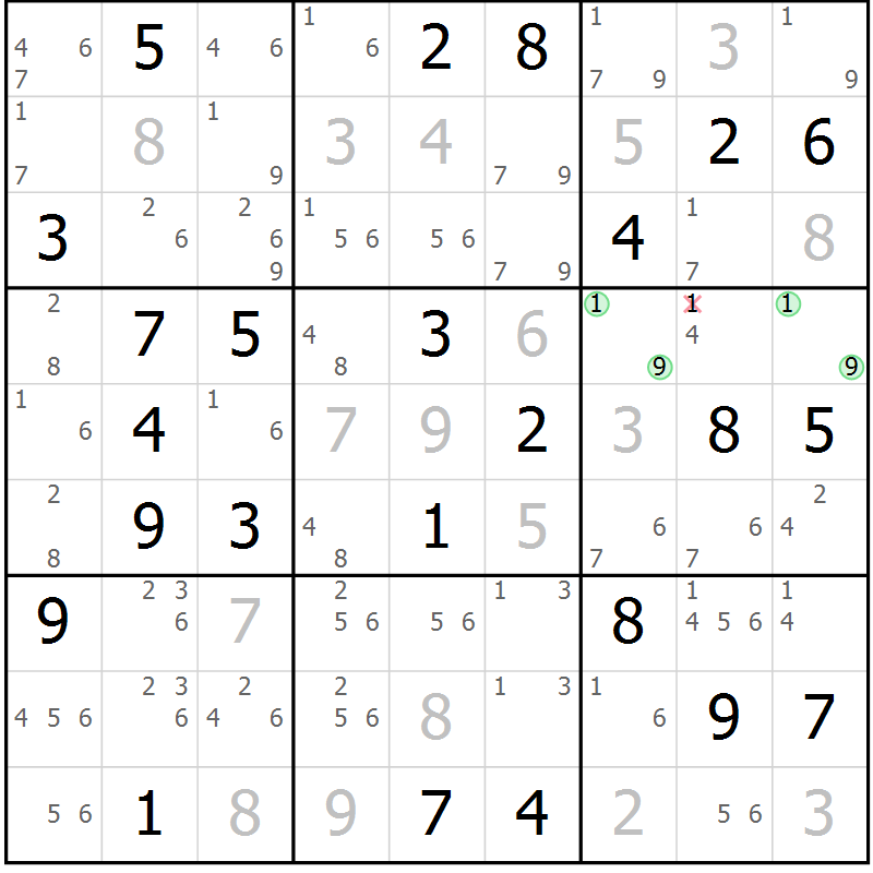 Position des candidats pour la solution de la Gr 69 page 72 du magazine de sudoku Platina n° 038
