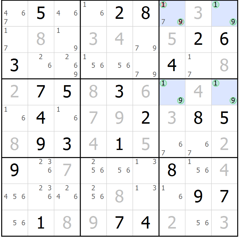 Position des candidats pour la solution de la Gr 69 page 72 du magazine de sudoku Platina n° 038