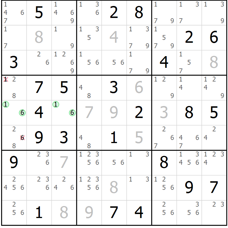Position des candidats pour la solution de la Gr 69 page 72 du magazine de sudoku Platina n° 038
