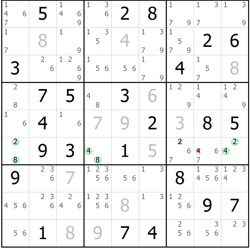 Position des candidats pour la solution de la Gr 69 page 72 du magazine de sudoku Platina n° 038