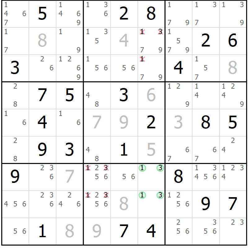 Position des candidats pour la solution de la Gr 69 page 72 du magazine de sudoku Platina n° 038