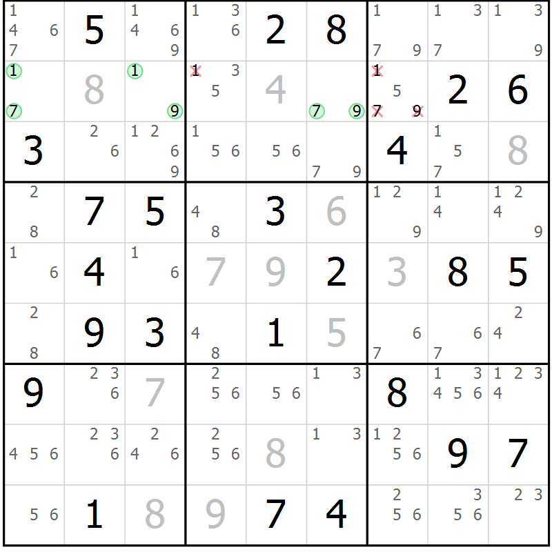 Position des candidats pour la solution de la Gr 69 page 72 du magazine de sudoku Platina n° 038