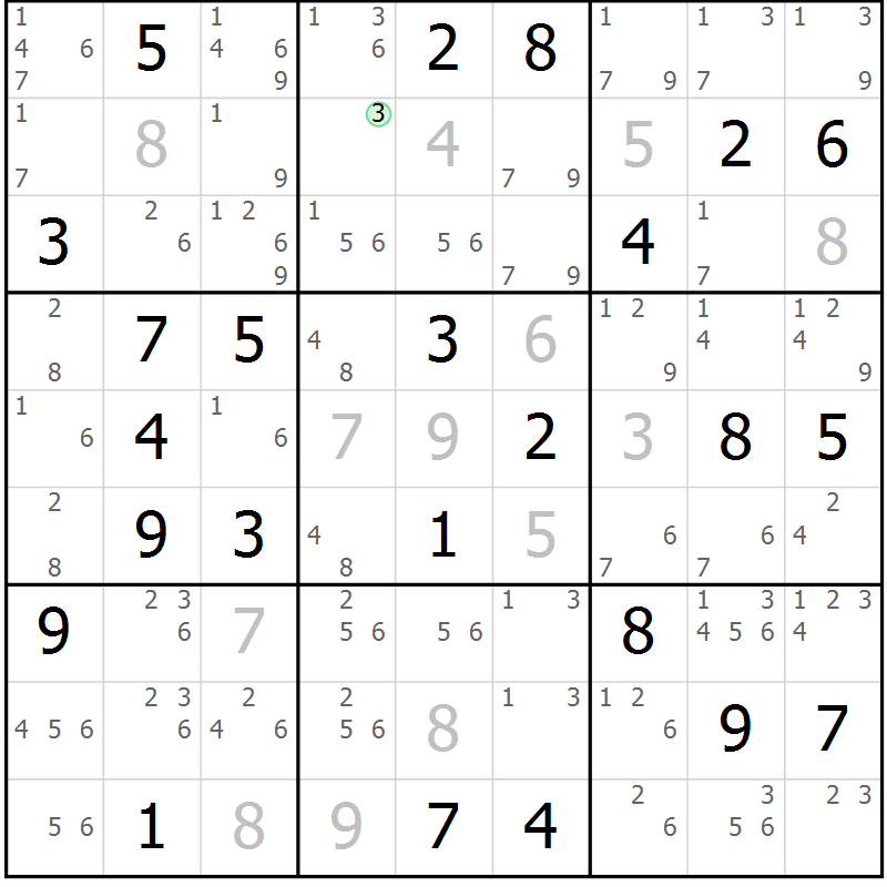Position des candidats pour la solution de la Gr 69 page 72 du magazine de sudoku Platina n° 038