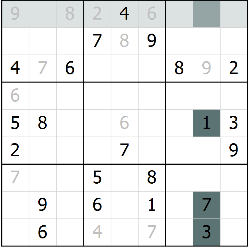 Position des candidats pour la solution de la Gr 7 page 10 du magazine de sudoku Platina n° 038