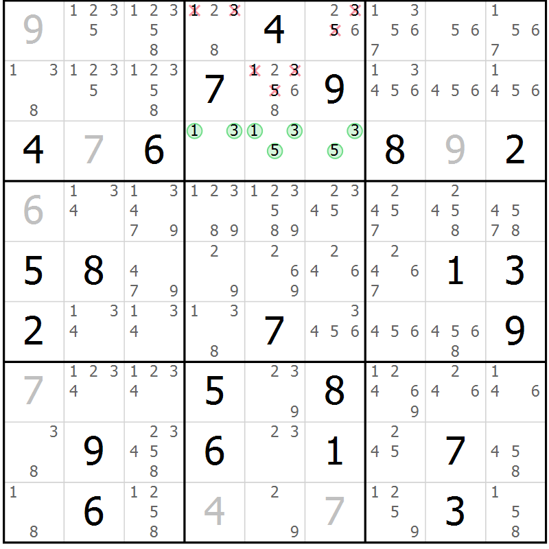 Position des candidats pour la solution de la Gr 7 page 10 du magazine de sudoku Platina n° 038
