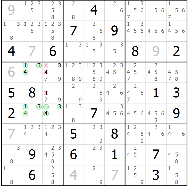 Position des candidats pour la solution de la Gr 7 page 10 du magazine de sudoku Platina n° 038