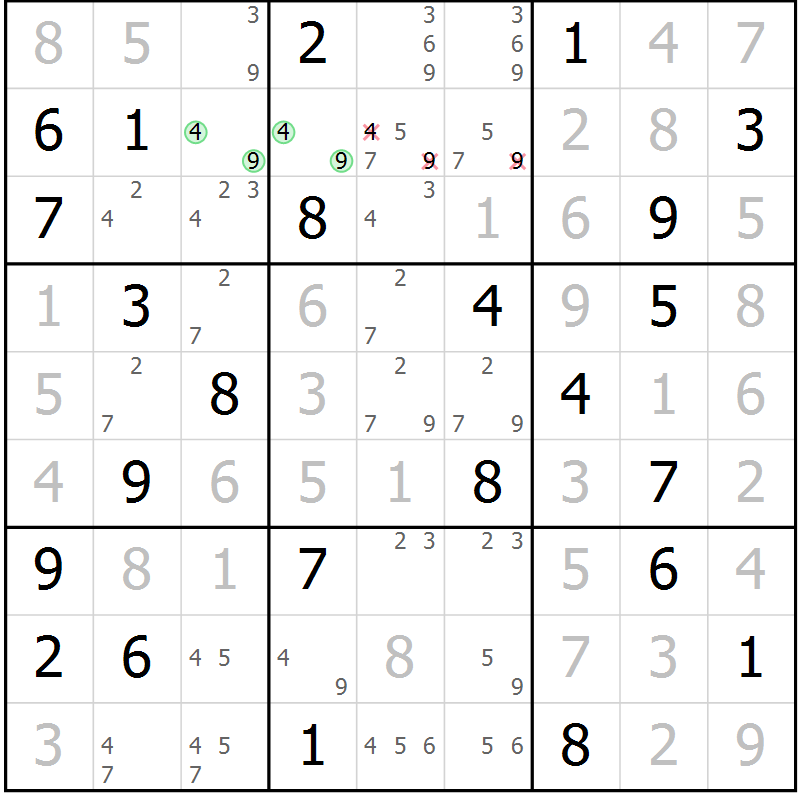 Position des candidats pour la solution de la Gr 70 page 73 du magazine de sudoku Platina n° 038