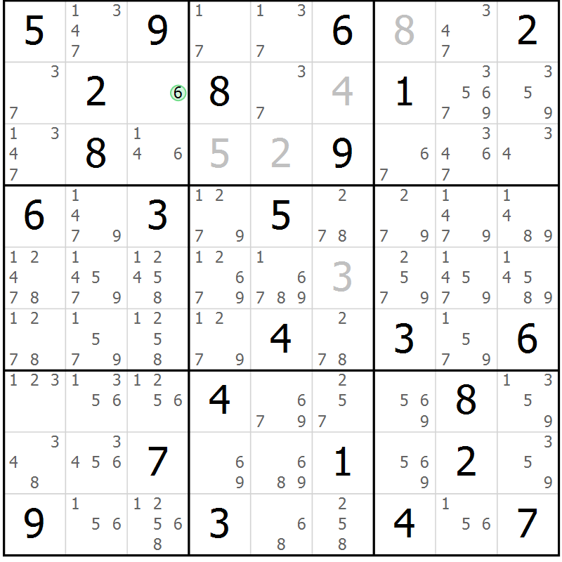 Position des candidats pour la solution de la Gr 73 page 76 du magazine de sudoku Platina n° 038