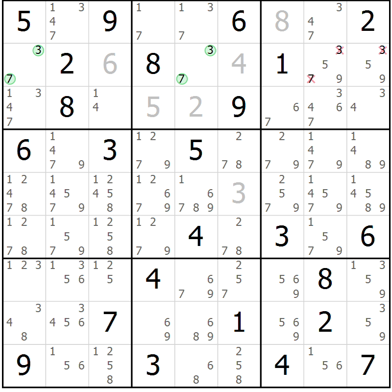 Position des candidats pour la solution de la Gr 73 page 76 du magazine de sudoku Platina n° 038