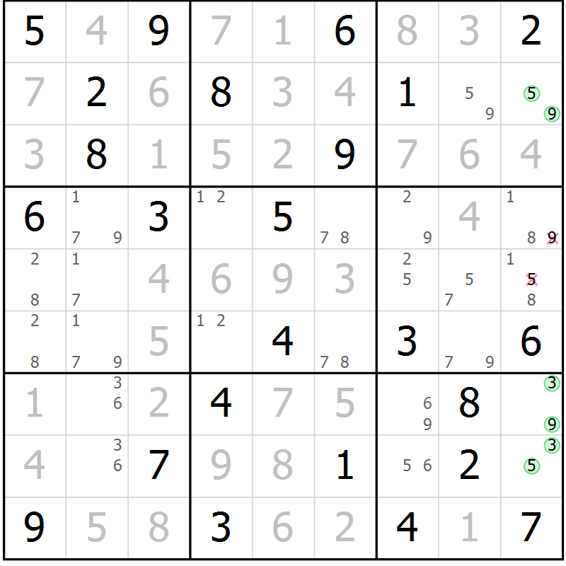Position des candidats pour la solution de la Gr 73 page 76 du magazine de sudoku Platina n° 038