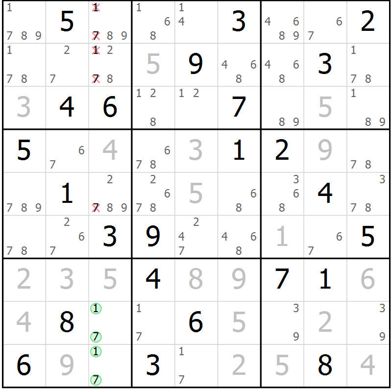 Position des candidats pour la solution de la Gr 74 page 77 du magazine de sudoku Platina n° 038