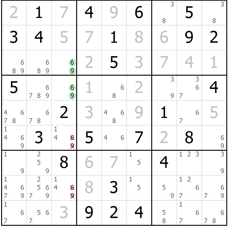 Position des candidats pour la solution de la Gr 75 page 78 du magazine de sudoku Platina n° 038