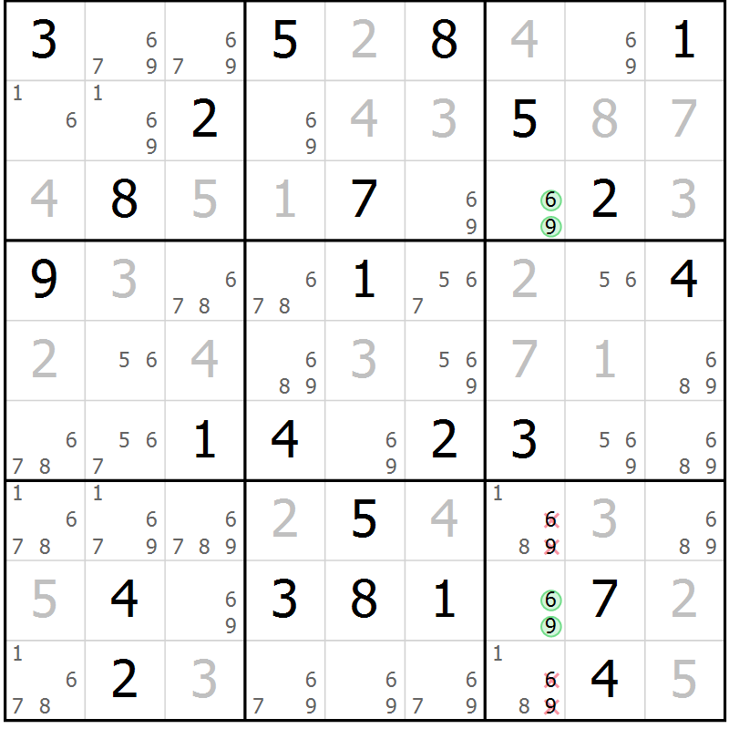 Position des candidats pour la solution de la Gr 76 page 79 du magazine de sudoku Platina n° 038