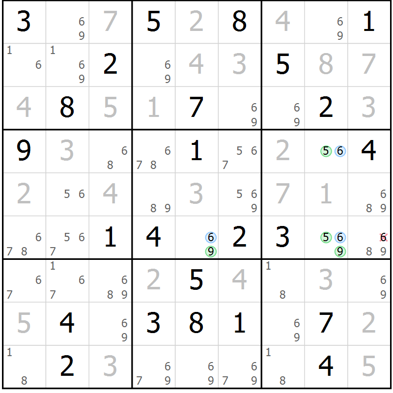 Position des candidats pour la solution de la Gr 76 page 79 du magazine de sudoku Platina n° 038