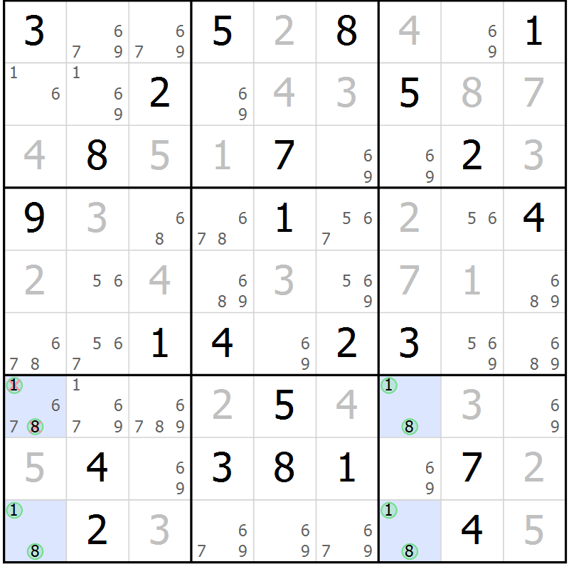 Position des candidats pour la solution de la Gr 76 page 79 du magazine de sudoku Platina n° 038