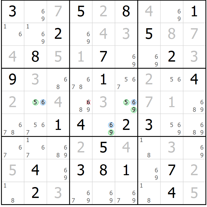Position des candidats pour la solution de la Gr 76 page 79 du magazine de sudoku Platina n° 038