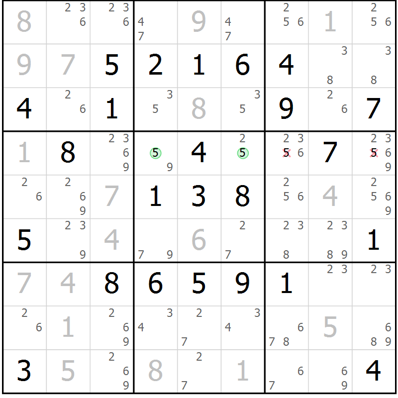 Position des candidats pour la solution de la Gr 77 page 80 du magazine de sudoku Platina n° 038