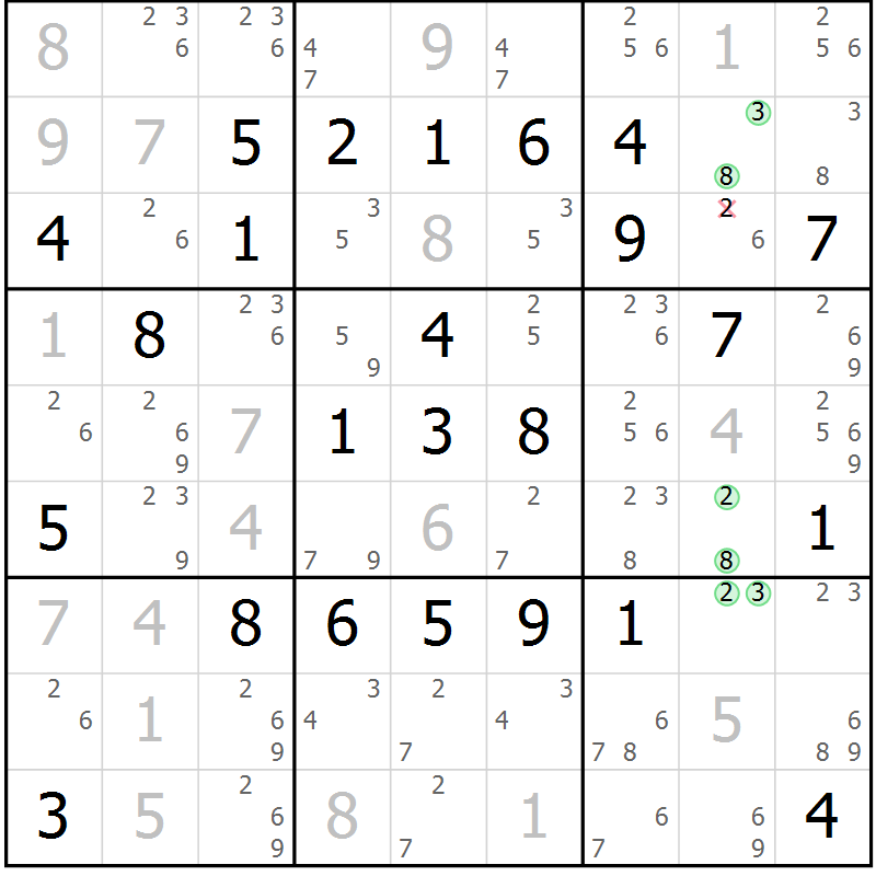 Position des candidats pour la solution de la Gr 77 page 80 du magazine de sudoku Platina n° 038