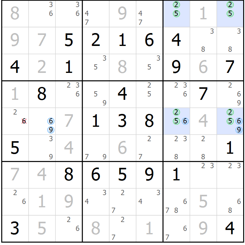 Position des candidats pour la solution de la Gr 77 page 80 du magazine de sudoku Platina n° 038