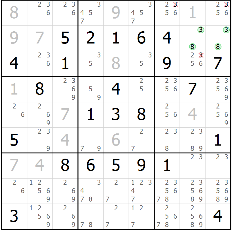 Position des candidats pour la solution de la Gr 77 page 80 du magazine de sudoku Platina n° 038