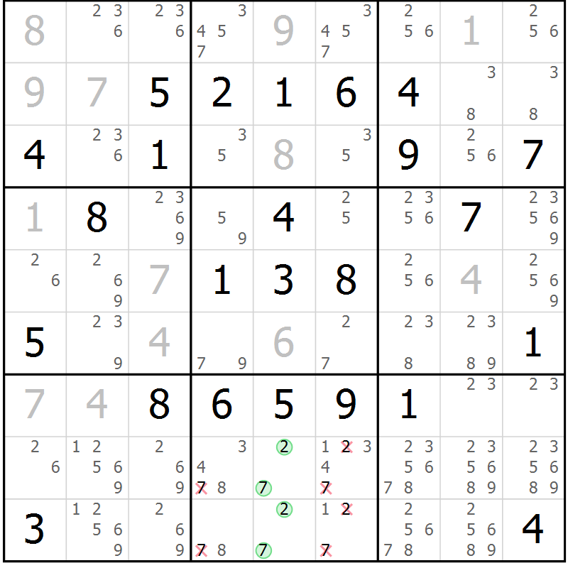 Position des candidats pour la solution de la Gr 77 page 80 du magazine de sudoku Platina n° 038