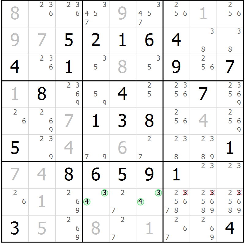 Position des candidats pour la solution de la Gr 77 page 80 du magazine de sudoku Platina n° 038