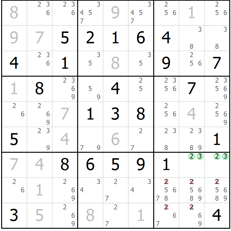 Position des candidats pour la solution de la Gr 77 page 80 du magazine de sudoku Platina n° 038