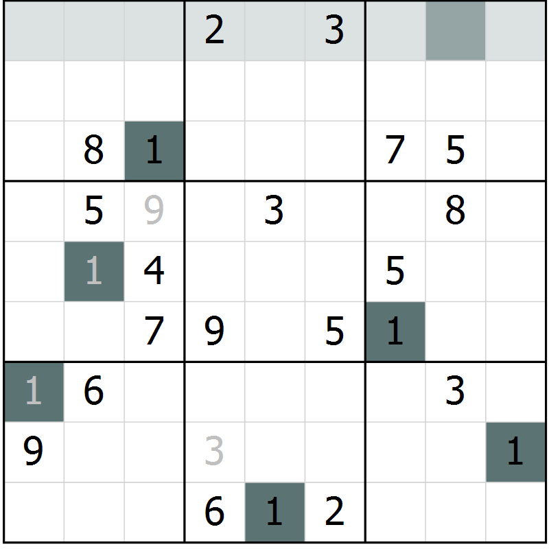 Position des candidats pour la solution de la Gr 8 page 11 du magazine de sudoku Platina n° 038