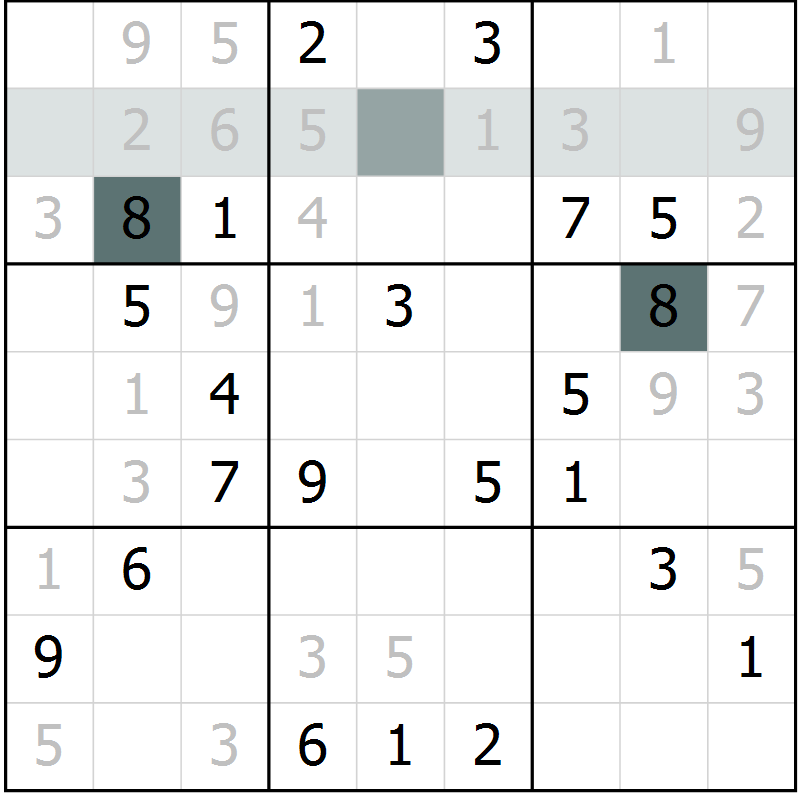 Position des candidats pour la solution de la Gr 8 page 11 du magazine de sudoku Platina n° 038