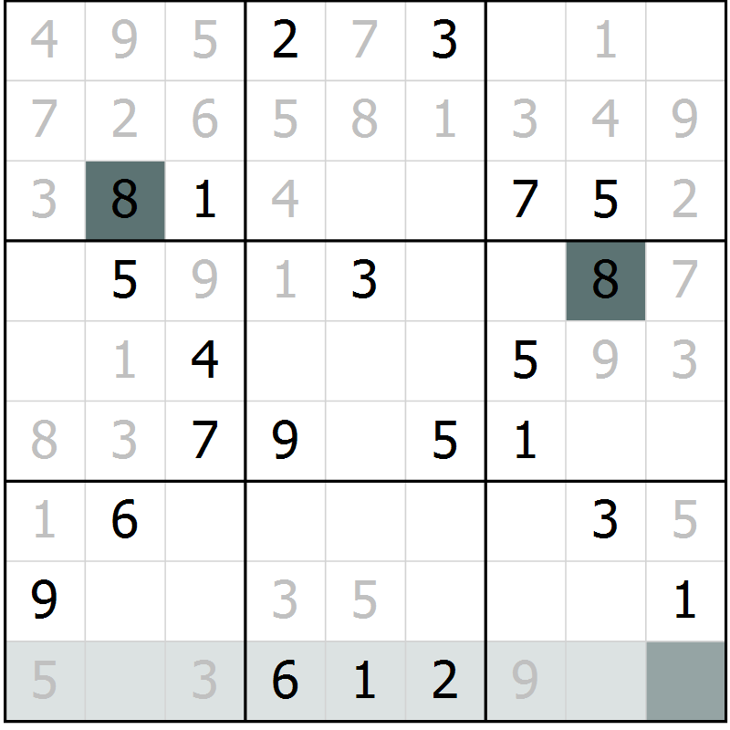 Position des candidats pour la solution de la Gr 8 page 11 du magazine de sudoku Platina n° 038