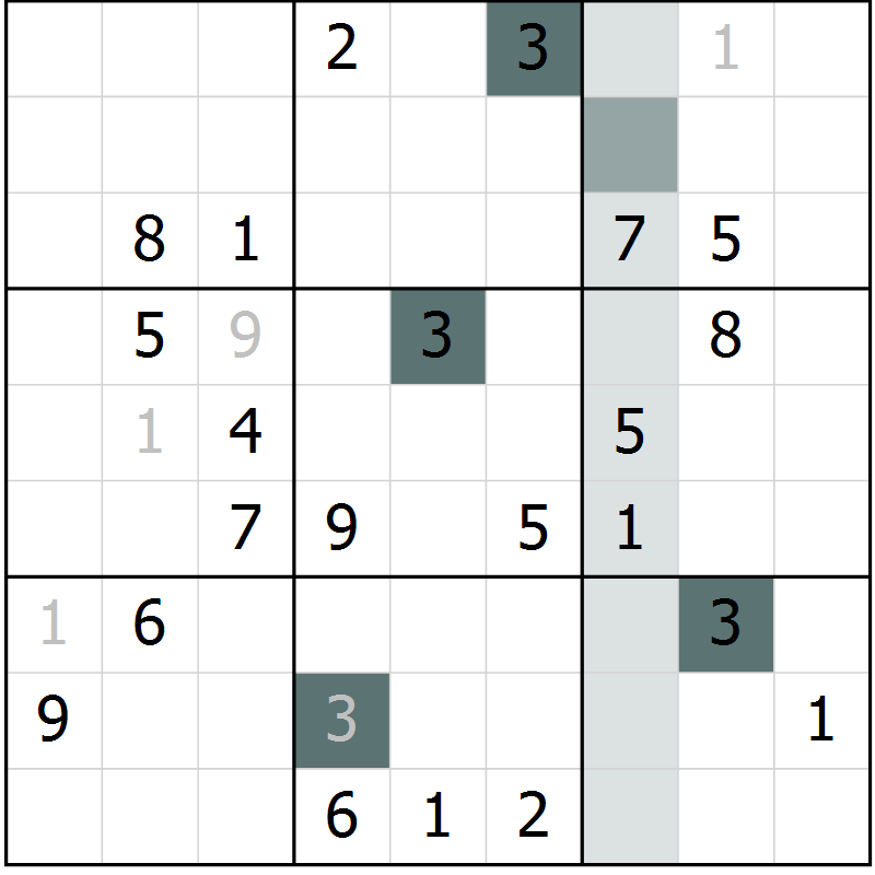 Position des candidats pour la solution de la Gr 8 page 11 du magazine de sudoku Platina n° 038