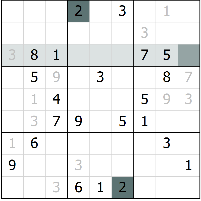 Position des candidats pour la solution de la Gr 8 page 11 du magazine de sudoku Platina n° 038