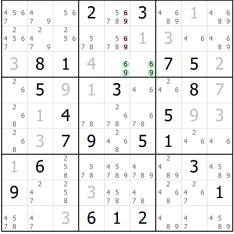 Position des candidats pour la solution de la Gr 8 page 11 du magazine de sudoku Platina n° 038