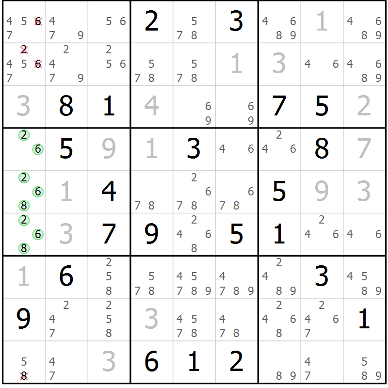 Position des candidats pour la solution de la Gr 8 page 11 du magazine de sudoku Platina n° 038