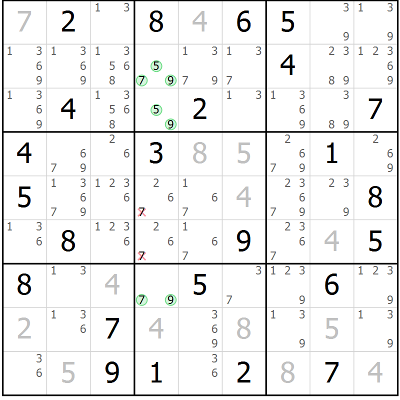 Position des candidats pour la solution de la Gr 80 page 83 du magazine de sudoku Platina n° 038